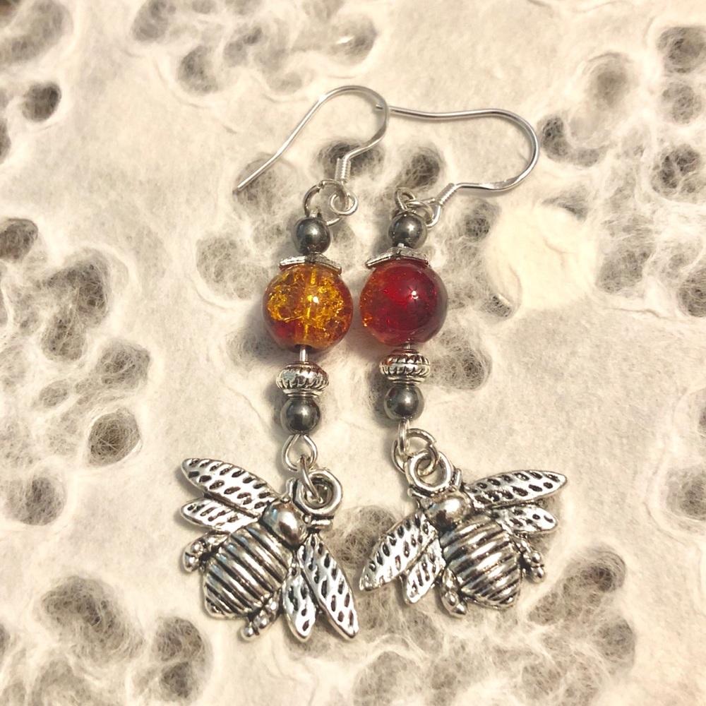 Silver Bumble Bees Earrings Amber Beads Drop